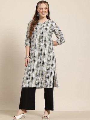 HERE&NOW Women Striped, Floral Print Straight Kurta(Green)
