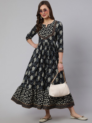 GLAM ROOTS Women Floral Print Flared Kurta(Black)