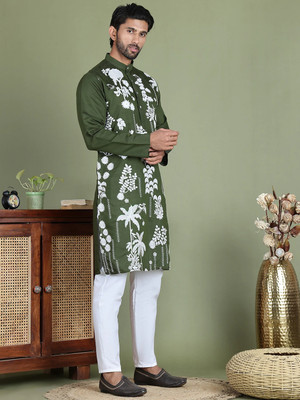 Jompers Men Embroidered Straight Kurta(Dark Green)