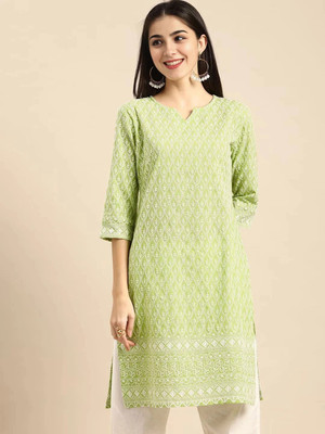 vestito Women Chikan Embroidery A-line Kurta(Green)