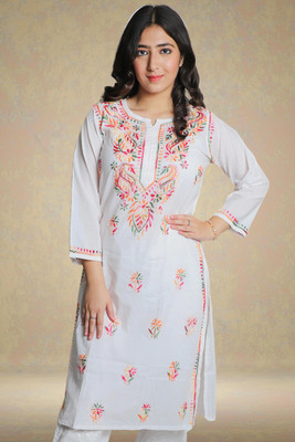 Heritage of Chikankari Women Chikan Embroidery Straight Kurta(White)