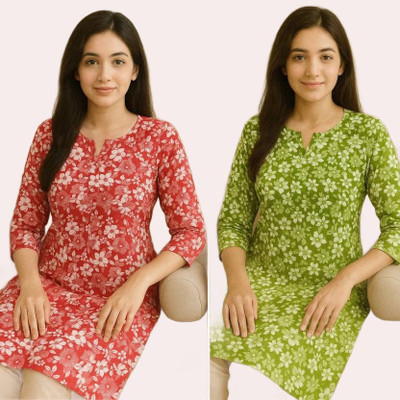 ssf Women Floral Print A-line Kurta(Red, Green)