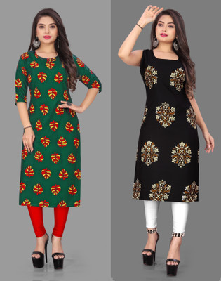 tanvi creation Women Floral Print Straight Kurta(Black, Green)