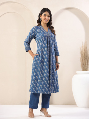 Span Women Printed A-line Kurta(Blue)