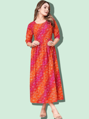 mk creation Women Printed Anarkali Kurta(Red, Orange)