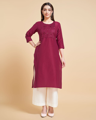 Beshas Studio Women Solid Straight Kurta(Maroon)