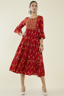 soch Women Floral Print A-line Kurta(Red, Yellow, Green)