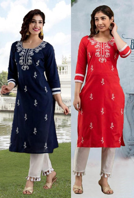 vikshi Women Chikan Embroidery A-line Kurta(Multicolor)
