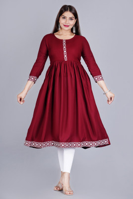 Tiwari Women Embroidered Flared Kurta(Maroon)
