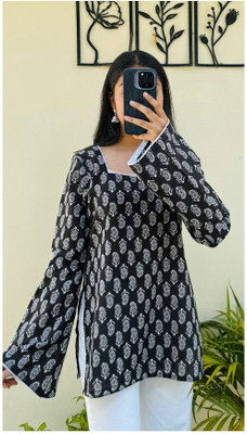 SAICHA Women Printed, Block Print Straight Kurta(Black)