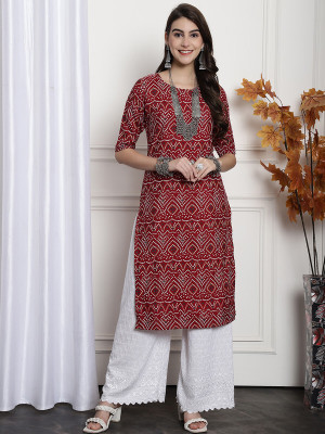 1 Stop Fashion Women Printed Straight Kurta(Maroon, White)