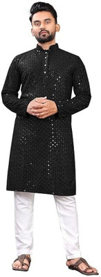 Krudha Men Embellished Straight Kurta(Black)