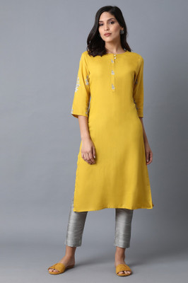 W Women Floral Print Straight Kurta(Yellow)