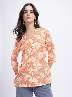 Anouk Rustic Women Floral Print Straight Kurta(Orange, White)