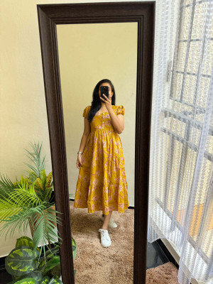 KUnzkes Women Printed Anarkali Kurta(Yellow)