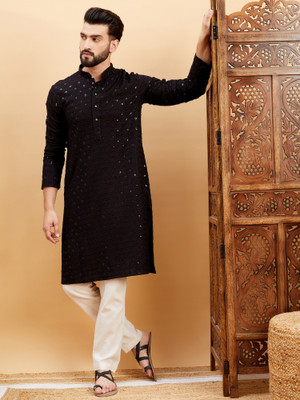 HERE&NOW Men Embroidered Straight Kurta(Black)