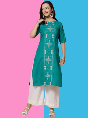 HouseOfCommon Women Embroidered Straight Kurta(Blue)