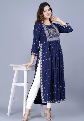 MARISY Women Printed A-line Kurta(Dark Blue)