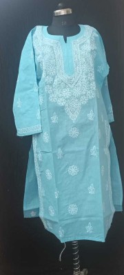 Rudra Chikan Handicraft Women Chikan Embroidery A-line Kurta(Blue)