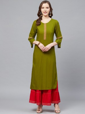 Yash Gallery Women Solid Straight Kurta(Green)