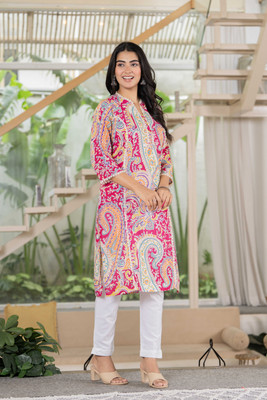 FASHDHUN Women Geometric Print, Printed Straight Kurta(Multicolor)