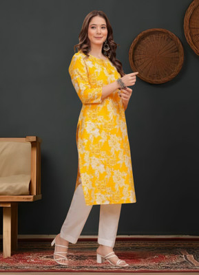 Wawlooks Women Floral Print Straight Kurta(Yellow)