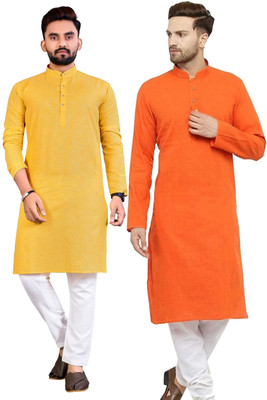 Simran Creation Men Solid Straight Kurta(Yellow, Orange)