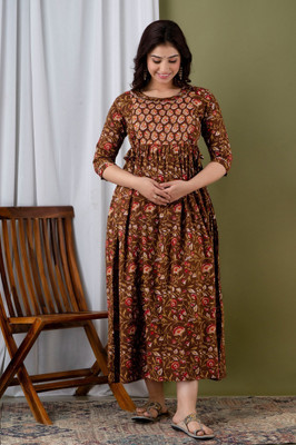 AARK Women Floral Print Gown Kurta(Brown)