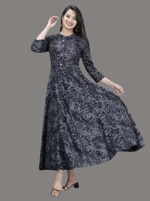 AnviTextile Women Printed Anarkali Kurta(Black, Grey)