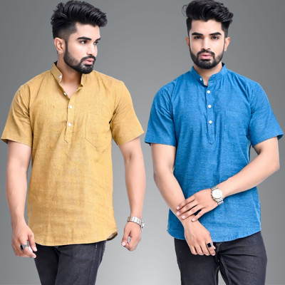 QuaClo Men Solid Straight Kurta(Yellow, Blue)