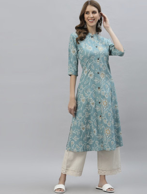 Yaduka Women Floral Print A-line Kurta(Light Blue)