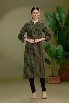 Cotton Culture Women Printed Straight Kurta(Green)
