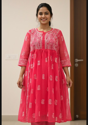 RIDDHI Women Chikan Embroidery Flared Kurta(Pink, White)