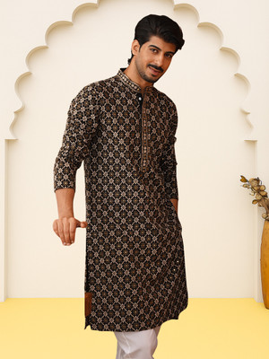 Jompers Men Printed Straight Kurta(Black)