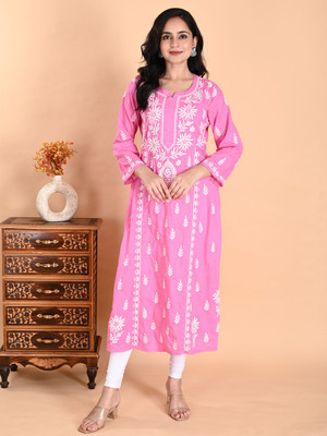 Nazaira Women Embroidered, Chikan Embroidery A-line Kurta(Pink)