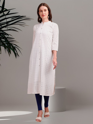 ARVILAS Women Embroidered, Self Design Straight Kurta(White)