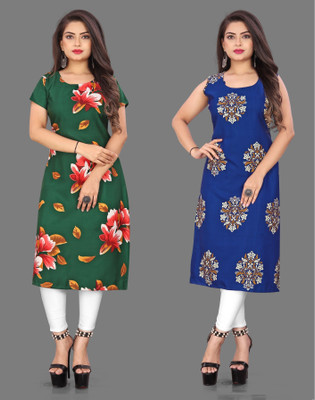 Hiral Creation Women Floral Print Straight Kurta(Green, Blue)