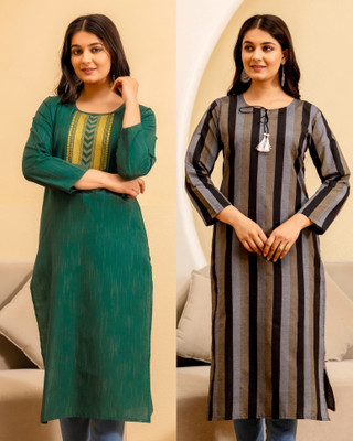 BILANZA Women Striped Straight Kurta(Green, Black, Grey)