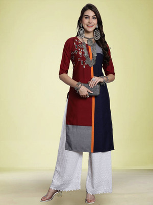Moda Rapido Men Colorblock Straight Kurta(Maroon)