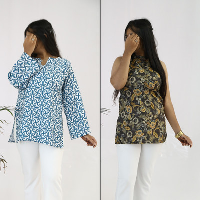 aanzri Women Floral Print, Printed A-line Kurta(Blue)