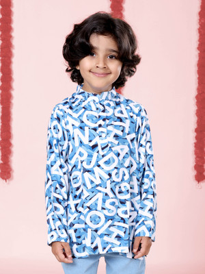 KiddoPanti Boys Printed Straight Kurta(Blue)