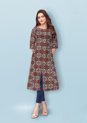 ABHI FAB Women Printed Straight Kurta(Maroon)