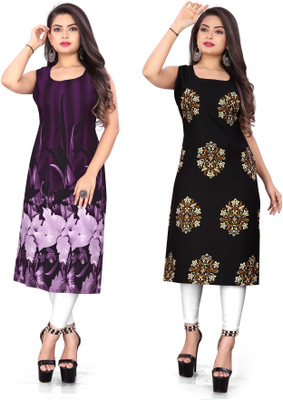 tanvi creation Women Floral Print Straight Kurta(Purple, Black)