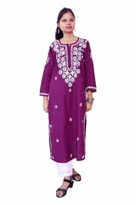 Ah creation Women Chikan Embroidery A-line Kurta(Purple)