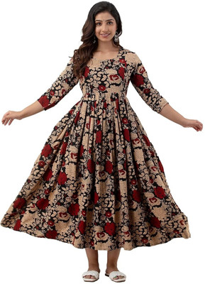HouseOfCommon Women Printed Anarkali Kurta(Brown)
