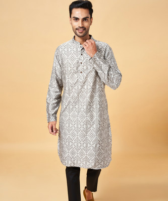 Indus Route by Pantaloons Men Printed Straight Kurta(Grey, White)