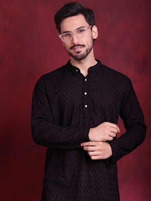Jompers Men Embroidered Straight Kurta(Black)