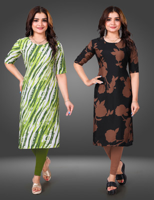 MOBHISA Women Printed Straight Kurta(Beige)