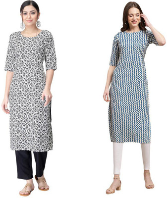 EthnicBasket Women Printed Straight Kurta(Grey, White, Blue)