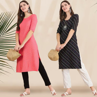 1 Stop Fashion Women Printed Straight Kurta(Pink, Black)